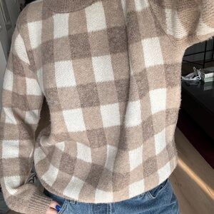 OAK + FORT Checkered Turtleneck Sweater - Cream and Brown